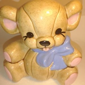 Artisan Ceramic Baby Bear w/ Blue Bow .